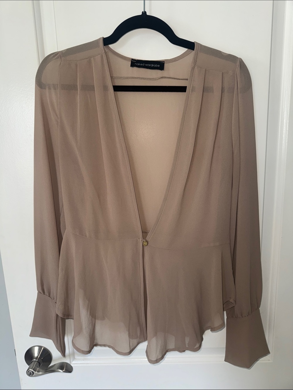 naked wardrobe taupe V‑Neck Sheer Peplum Blouse